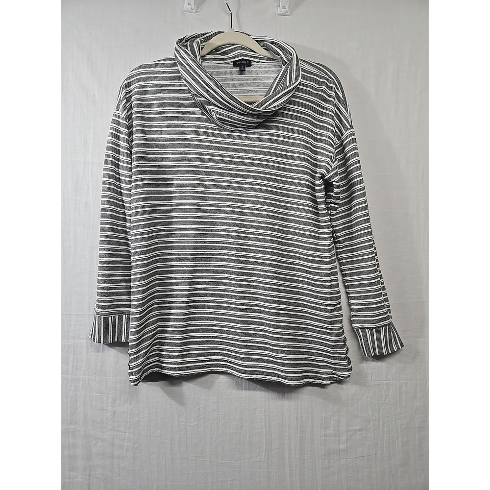 Talbots 7/8 Sleeve Cowl Neck Black White Stripe Pullover Top Women's M Button‎